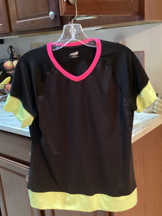 Avia Tops - Avia Black Athletic V-Neck Top with Neon Pink Trim and Lime Accents